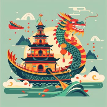 A vibrant, stylized illustration of a colorful dragon boat sailing on the sea against a beautiful sunset. Asian festival.