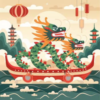 A vibrant, stylized illustration of a colorful dragon boat sailing on the sea against a beautiful sunset. Asian festival.