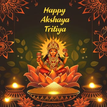 A warm and auspicious Akshaya Tritiya greeting featuring a deity seated on a lotus with gold coins and traditional diyas, set against a dark background