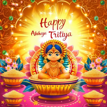 A cheerful and festive illustration for Akshaya Tritiya, showcasing a child deity surrounded by golden grains and lotus flowers, signifying prosperity