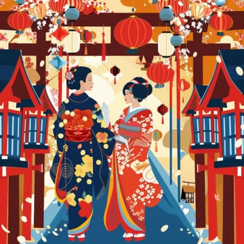 Two elegant geisha figures stand amid a vibrant display of traditional Japanese lanterns, pagodas, and cherry blossoms, capturing the festive atmosphere of a cultural celebration.