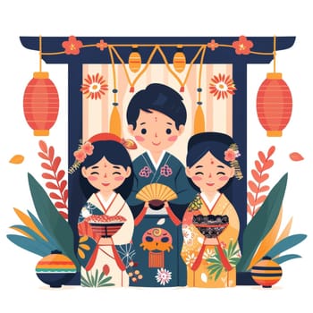 A vibrant illustration depicting a joyous Japanese festival, with three smiling characters in traditional attire surrounded by colorful lanterns, flowers, and decorative elements