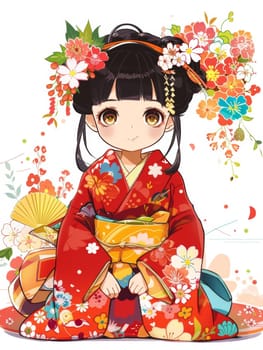 A young geisha in a vibrant, ornate kimono adorned with a profusion of colorful flowers, exuding beauty, elegance and Japanese cultural charm