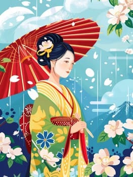 A graceful geisha in a vibrant, patterned kimono stands amidst a lush, blooming landscape, holding a traditional red umbrella and exuding an air of serene elegance