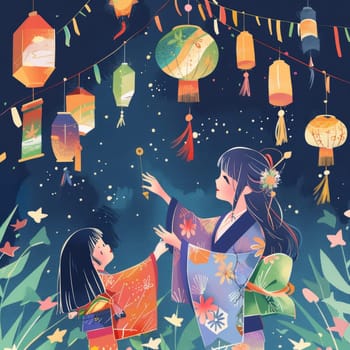 Vibrant Tanabata festival illustration with colorful streamers, Japanese text, and fireworks on a blue sky background