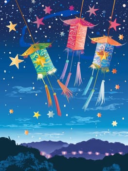 A vivid Tanabata night scene captured with colorful paper lanterns hanging amidst bamboo leaves, sparkling against a starry background in a festive display