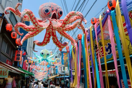 A lively Tanabata festival street scene with massive octopus decorations floating above the bustling crowd