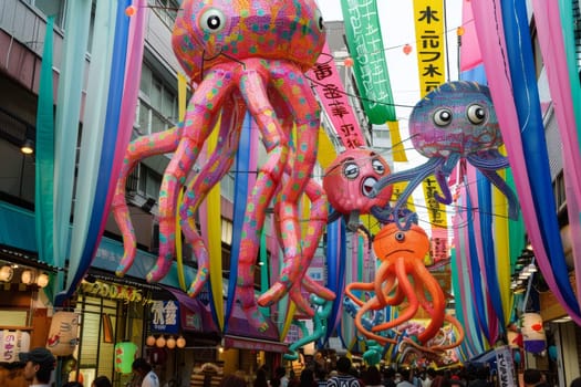 A festive Tanabata market bustling with people and adorned with whimsical sea creature decorations overhead