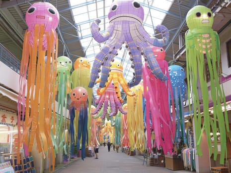 A covered market passage is filled with whimsical Tanabata festival streamers and octopus lanterns