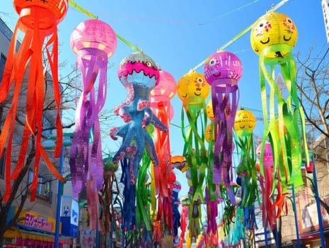 Vibrant hanging decorations resembling jellyfish enliven a street, with intricate patterns and smiling faces, infusing joy into the urban landscape