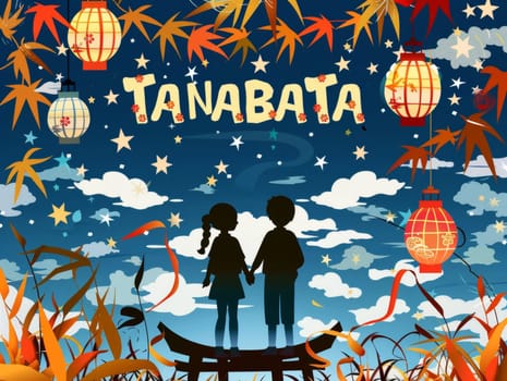 An illustrated scene of a couple gazing at the stars during the Tanabata festival, with lanterns and bamboo decorations