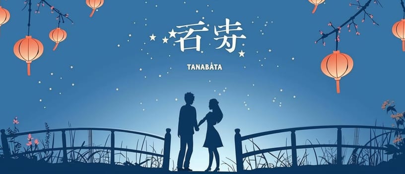 Star-crossed lovers silhouette against a twilight backdrop, celebrating Tanabata with hanging paper lanterns