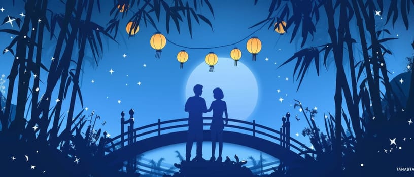 A couples silhouette stands on a bridge under a moonlit sky adorned with lanterns, surrounded by bamboo and twinkling stars in a peaceful evening scene