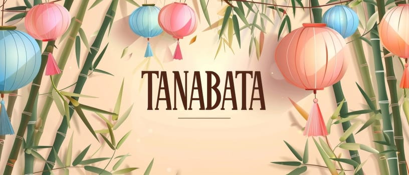 A peaceful Tanabata composition with pastel lanterns gently swaying in a bamboo forest