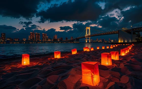 A nightfall beach panorama with a candlelit trail leading towards an iconic suspension bridge against a city skyline backdrop. Japanese Marine Day Umi no Hi also known as Ocean Day or Sea Day.