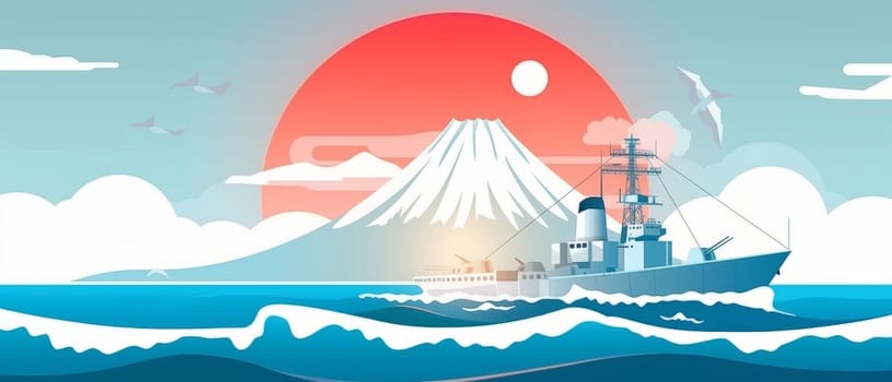 A stylized illustration features a serene sunset with a warship, displaying Japans flag, against a blue sky with fluffy clouds