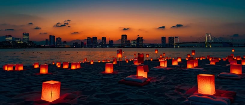 Paper lanterns illuminate a sandy beach against a backdrop of a sunset sky and city skyline, in serene celebration of Japans Marine Day. Japanese Marine Day Umi no Hi also known as Ocean Day, Sea Day.