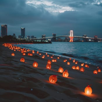 An enchanting view of a beach at night, aglow with the warm light of numerous paper lanterns against a backdrop of a luminous city bridge and skyscrapers. Japanese Marine Day Umi no Hi.