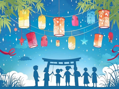 A colorful array of hanging lanterns decorates the night, casting a soft glow over a group of children beneath a torii gate