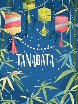 Festive Tanabata illustration showcasing a variety of colorful lanterns hanging amidst bamboo branches under a starry sky