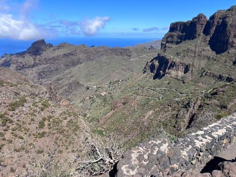 Aerial view of winding road in the mountains to Masca village on Tenerife. Canary Islands. High quality photo