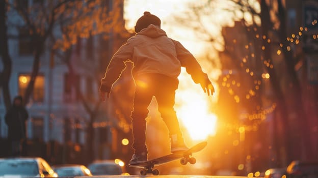 Urban Skater at Golden Hour - Cool Teen Skateboarding in City Streets at Sunset..