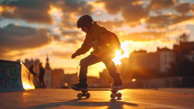 Urban Skater at Sunset: Teenage Skateboarder Riding in City Streets with Golden Hour Glow..