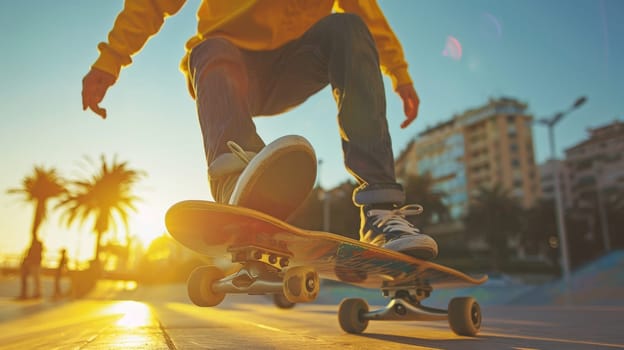 Urban Skater's Golden Hour Adventure: Teenage Skateboarder Enjoying the Sunset in City Streets..