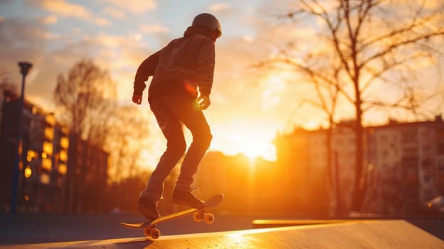 Urban Teen Skateboarding at Golden Hour - Active Youth Lifestyle in City Setting..