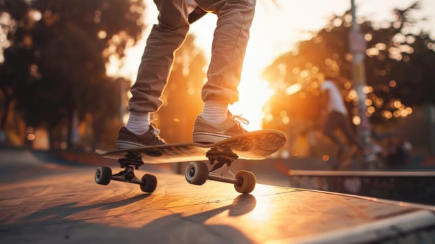 Urban Teenager Skateboarding at Golden Hour - Youthful Adventure in City Streets..