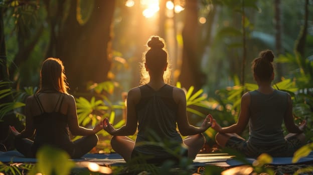 Serene Young Adults Meditating in a Vibrant Forest at Sunrise - Finding Inner Peace and Harmony in Nature..