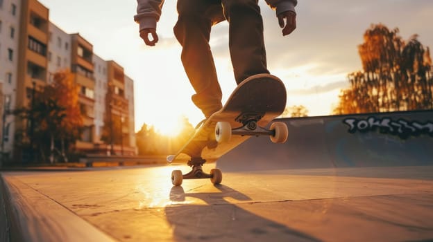 Urban Teen Skater Enjoying Golden Hour Ride in the Cityscape..