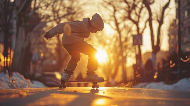 Urban Teenager Skating at Sunset - Youthful Skater enjoying Skateboard Ride in Cityscape at Dusk..