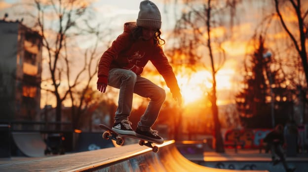 Youthful Energy: Teenager Skateboarding in Urban Setting at Golden Hour..