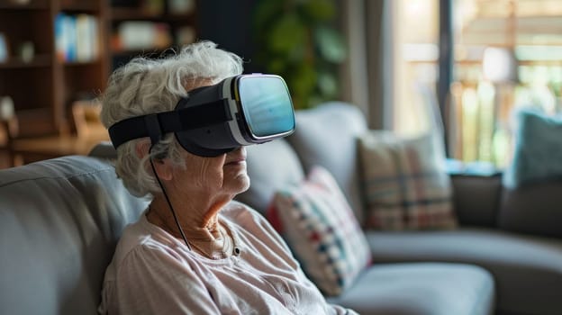 Senior Woman Enjoying Virtual Reality Experience in Stylish Living Room..