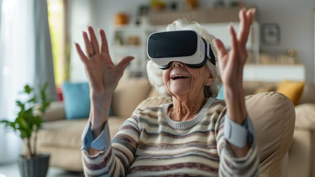 Active Senior Woman Enjoying Virtual Reality Experience in Stylish Living Room..