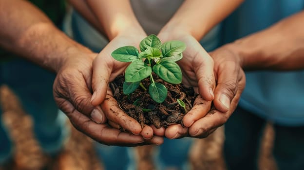 Community Growth, Close-up of Diverse Hands Holding a Small Seedling for Planting Together..