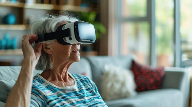 Senior Woman Enjoying Virtual Reality Experience in Contemporary Living Room..