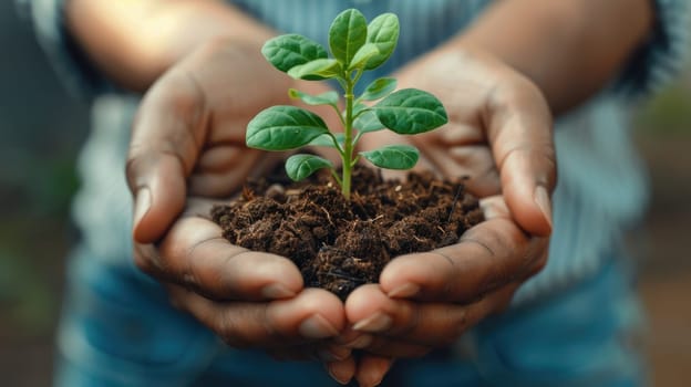 Cultivating Diversity, Close-up of Multicultural Hands Holding a Small Seedling..