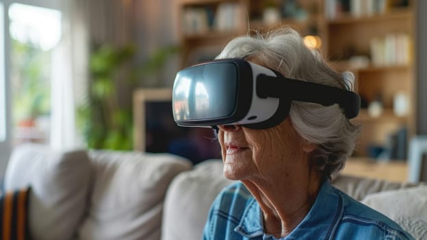 Senior Woman Enjoying Virtual Reality Experience in Contemporary Living Room..