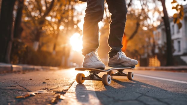 Urban Skater at Golden Hour - Teenager Enjoying Skateboarding in the Cityscape at Sunset..