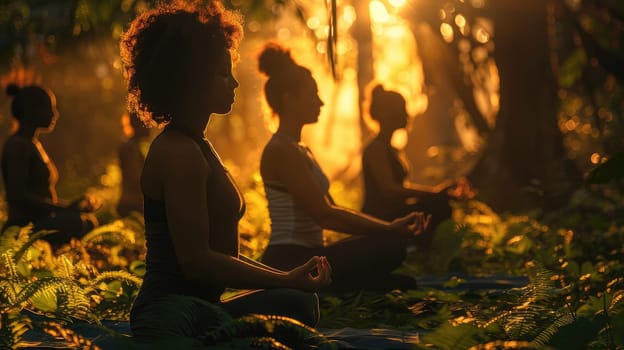 Serene Young Adults Meditating in a Lush Forest at Sunrise..