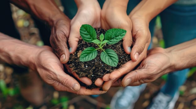 Unity in Growth, Close-up of Hands of Diverse Group Holding Small Seedling with Care and Hope..