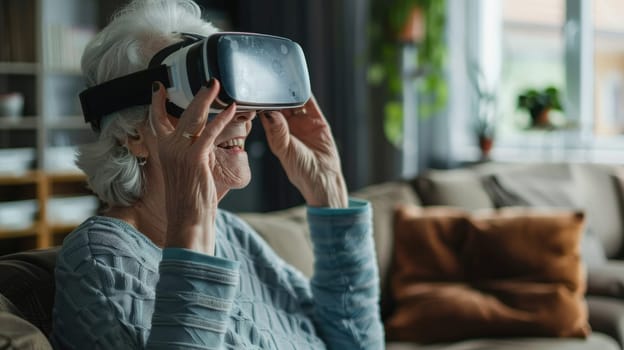 Senior Woman Enjoying Virtual Reality Experience in Contemporary Living Room..