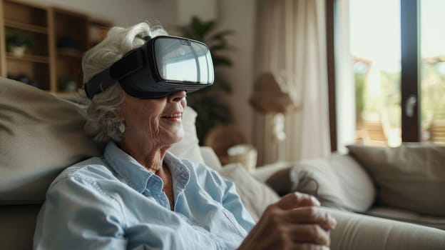 Immersed in the Future: Senior Woman Enjoying Virtual Reality Experience in Contemporary Living Room..