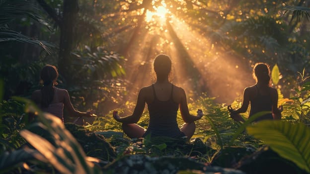 Serene Young Adults Meditating in a Lush Forest at Sunrise..