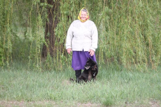 Elderly grayhaired in yellow headskarf woman with her lovely black dog in the park. She seats on a bench. High quality photo