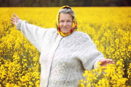 An old woman in yellow headcrarf and purple scirt enjoying a walk in the open air. Photo in the field full of yellow flowers . High quality photo