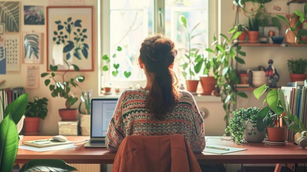 Productive Freelancer Working on Laptop in a Stylish Home Office with Green Plants..