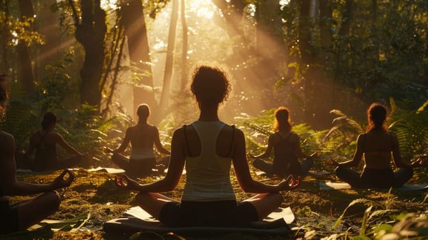 Serene Young Adults Meditating in a Peaceful Lush Forest at Sunrise..